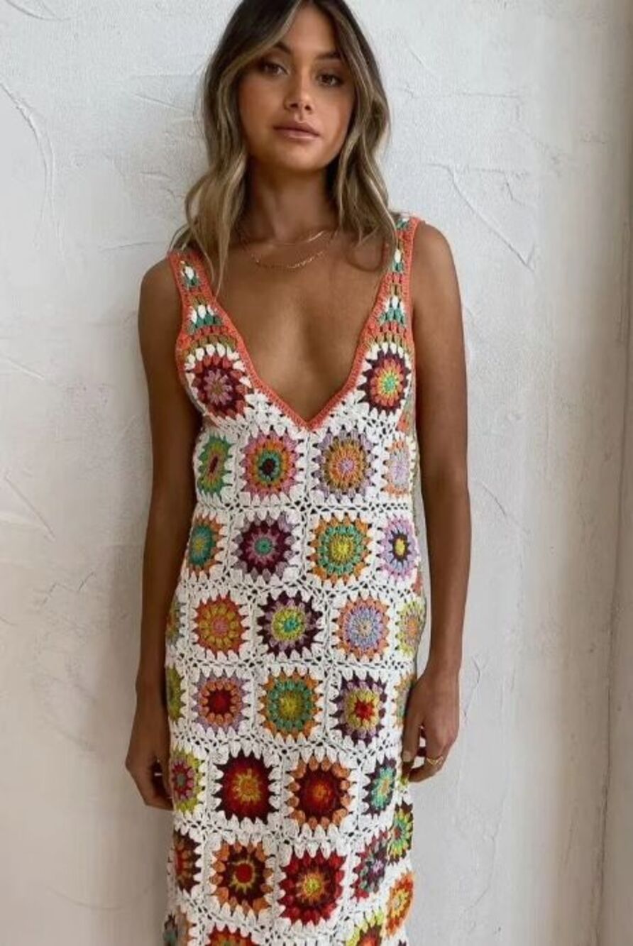 Alemais Crochet Midi Dress Size US 12 Multicoloured Handmade - Picture 2 of 6